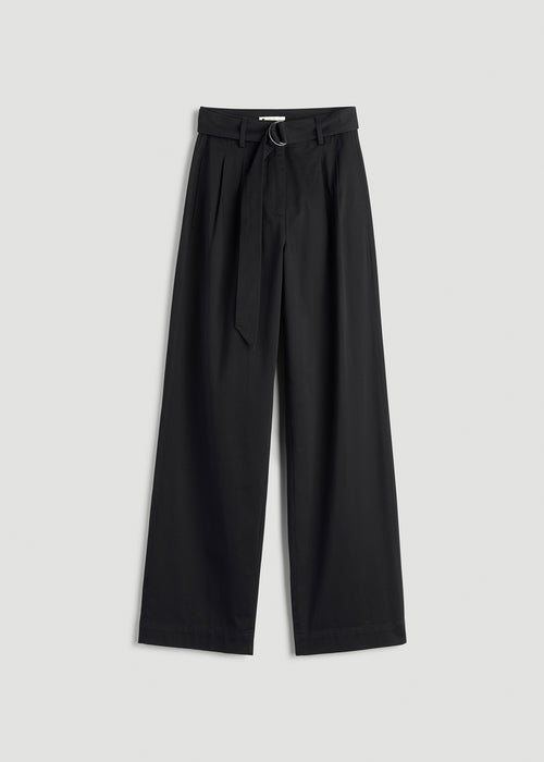 Pleated Wide Leg Chino With Belt for Tall Women in Deep Black