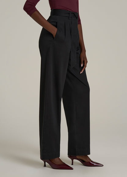 Pleated Wide Leg Chino With Belt for Tall Women in Deep Black