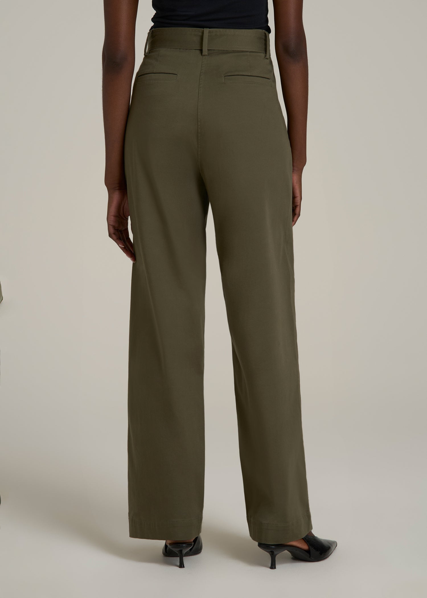 Pleated Wide Leg Chino With Belt for Tall Women in Forest Night