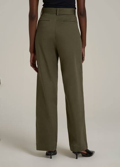 Pleated Wide Leg Chino With Belt for Tall Women in Forest Night
