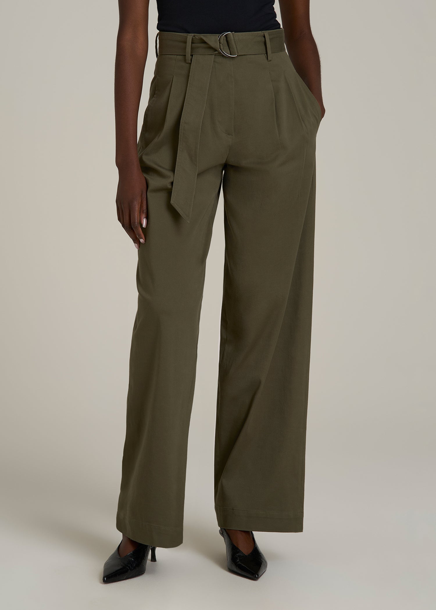 Pleated Wide Leg Chino With Belt for Tall Women in Forest Night