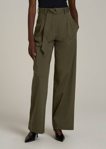 Pleated Wide Leg Chino With Belt for Tall Women in Forest Night