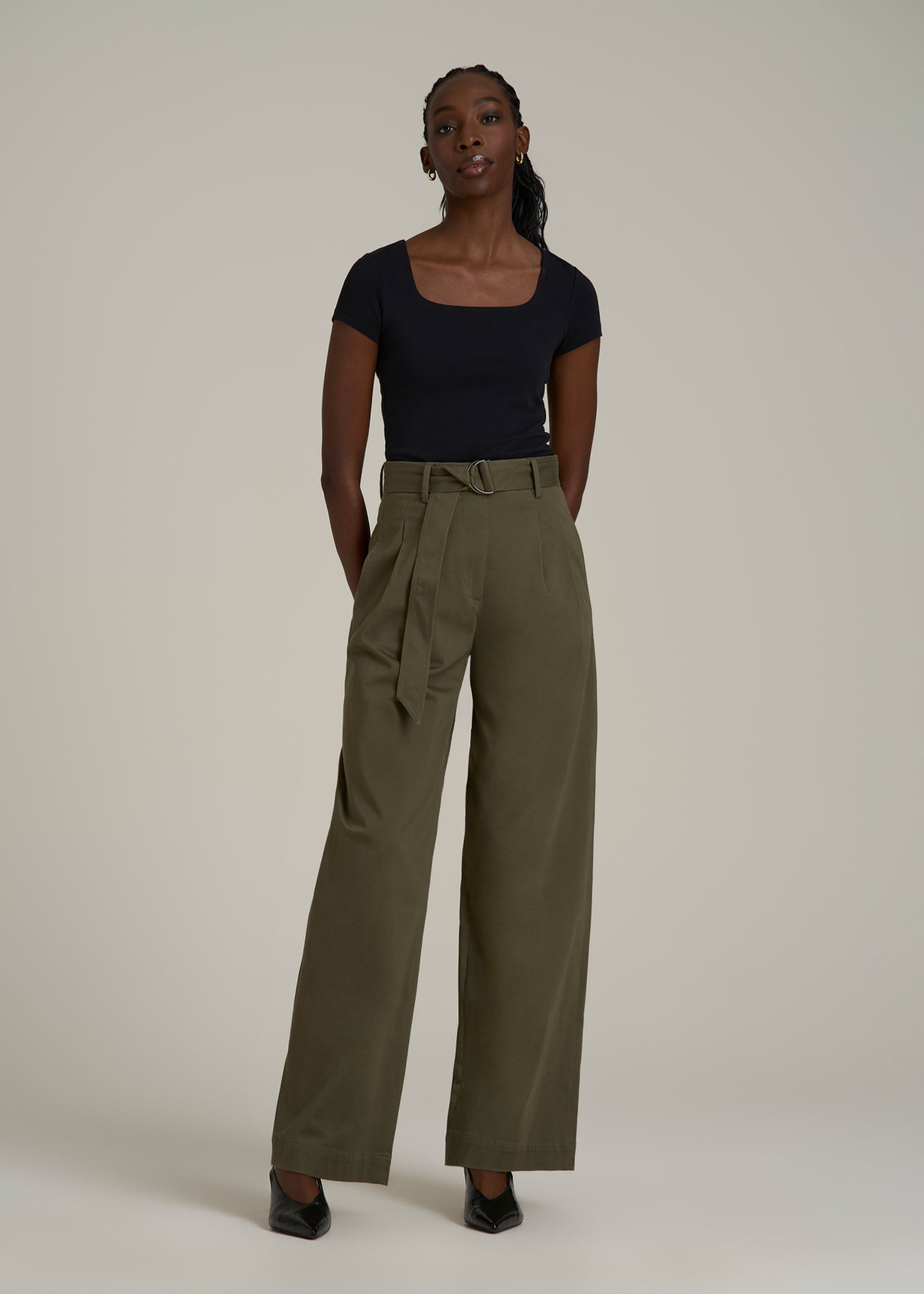 Pleated Wide Leg Chino With Belt for Tall Women in Forest Night