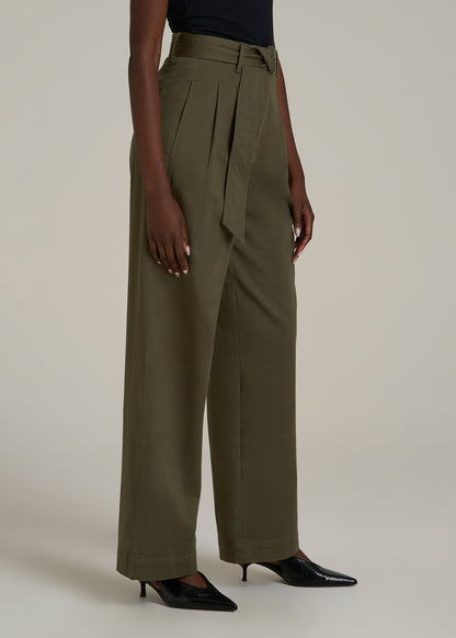 Pleated Wide Leg Chino With Belt for Tall Women in Forest Night