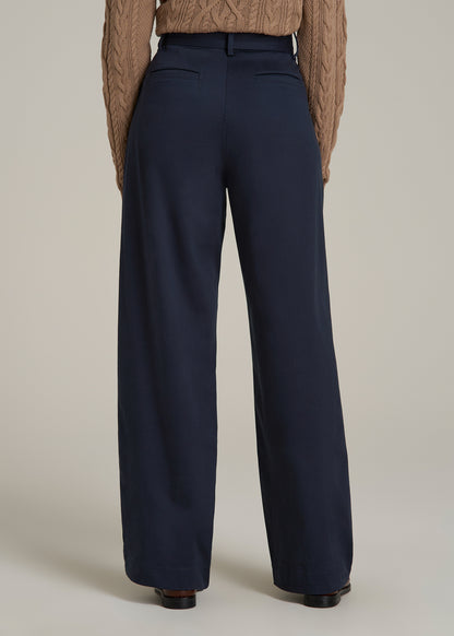 Pleated Wide Leg Chino With Belt for Tall Women in True Navy