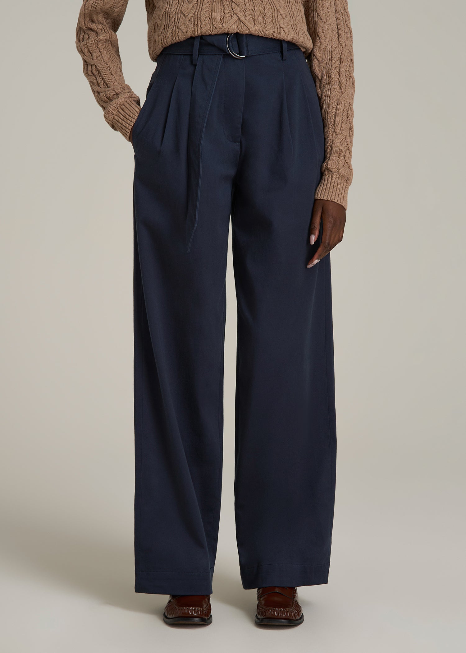 Pleated Wide Leg Chino With Belt for Tall Women in True Navy