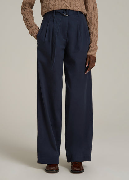 Pleated Wide Leg Chino With Belt for Tall Women in True Navy