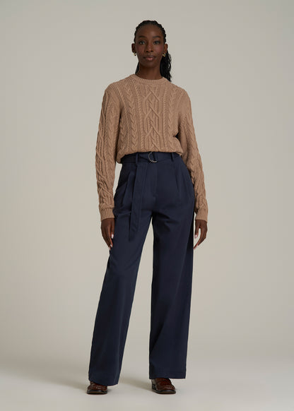 Pleated Wide Leg Chino With Belt for Tall Women in True Navy