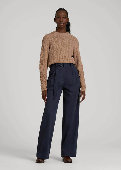 Pleated Wide Leg Chino With Belt for Tall Women in True Navy
