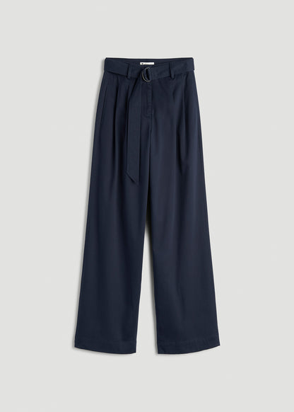 Pleated Wide Leg Chino With Belt for Tall Women in True Navy