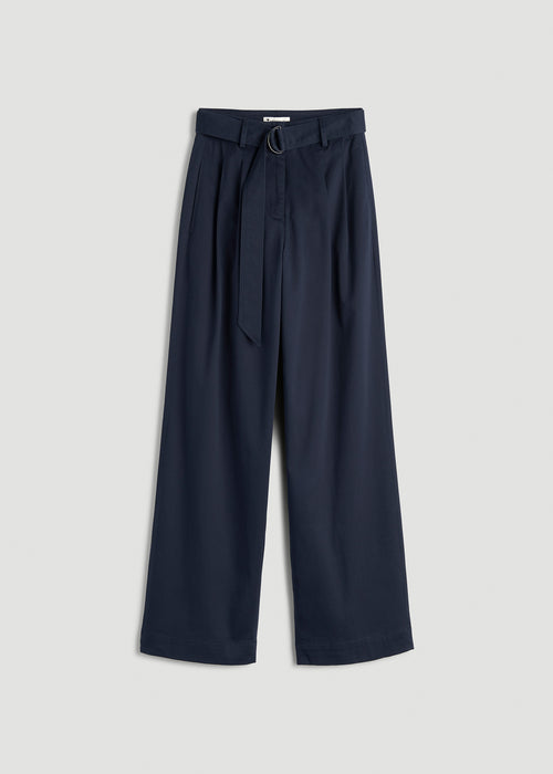 Pleated Wide Leg Chino With Belt for Tall Women in True Navy