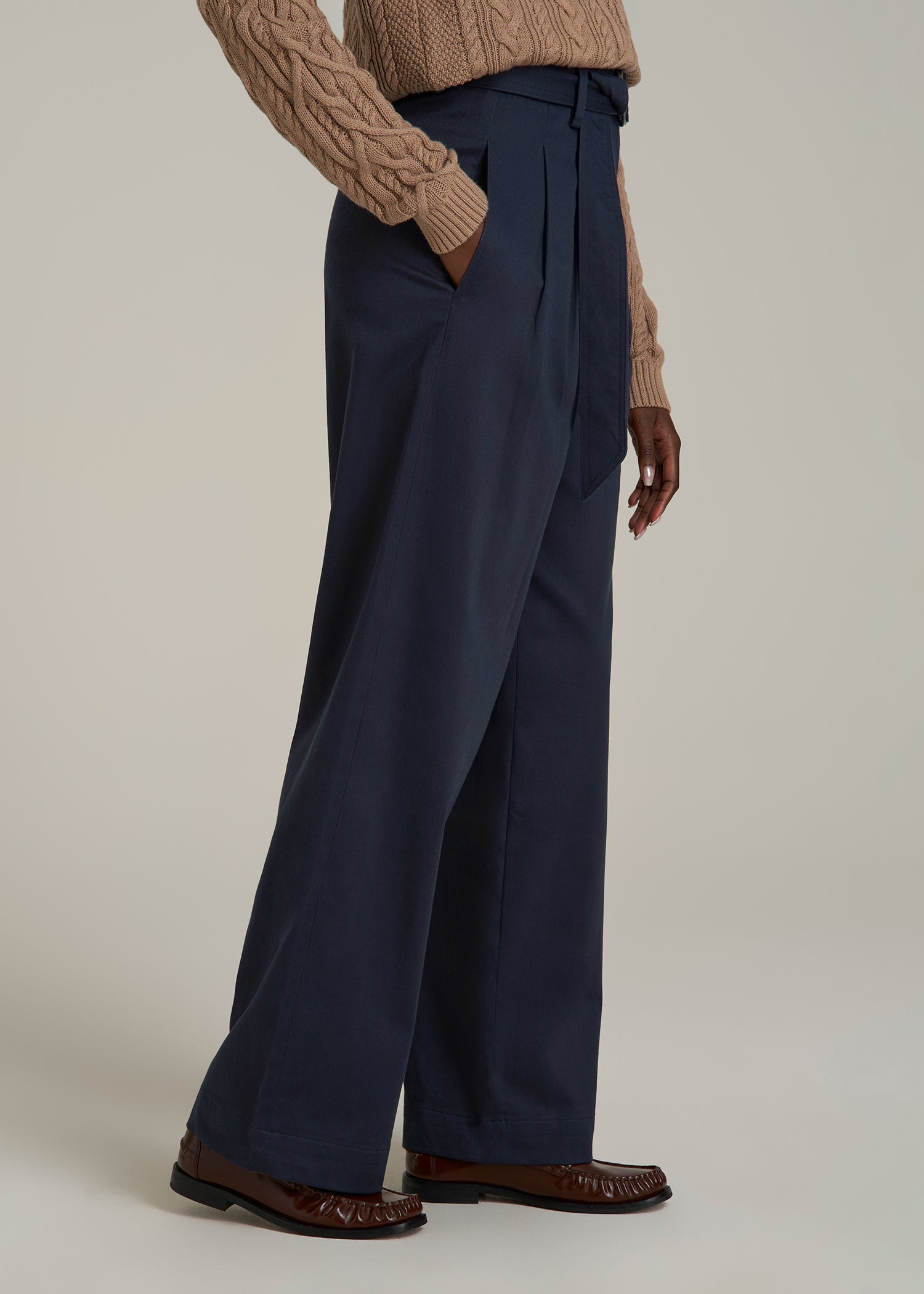 Pleated Wide Leg Chino With Belt for Tall Women in True Navy