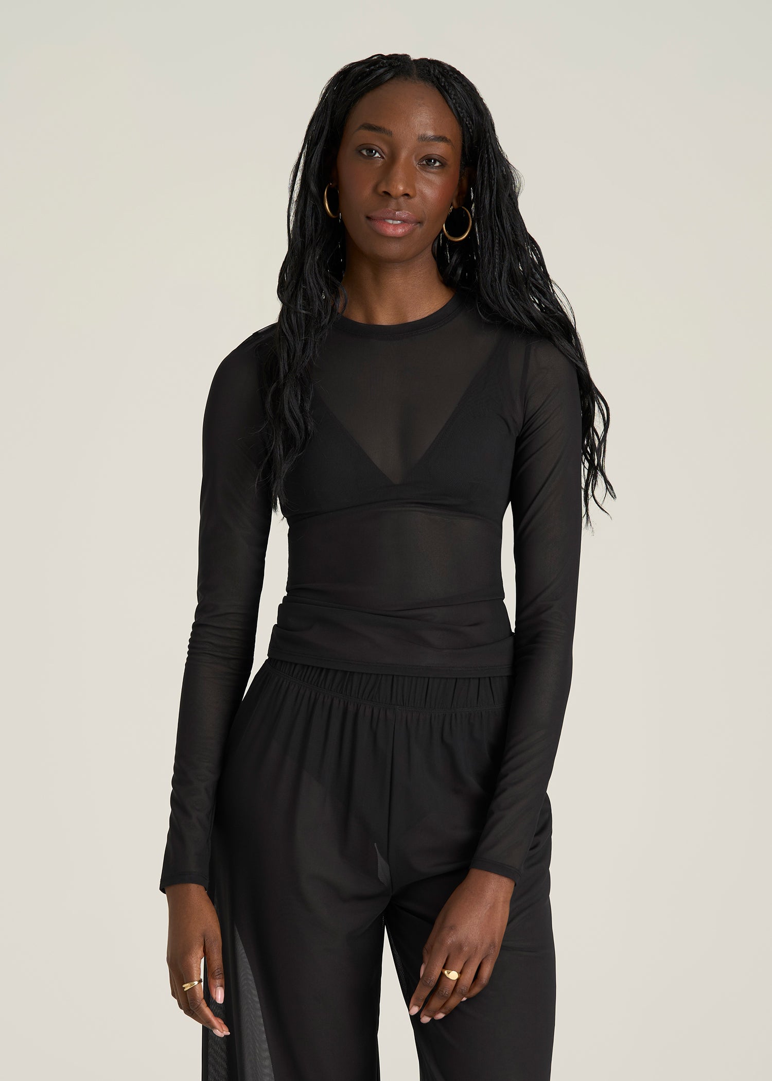 Power Mesh Fitted Long Sleeve Top for Tall Women in Deep Black