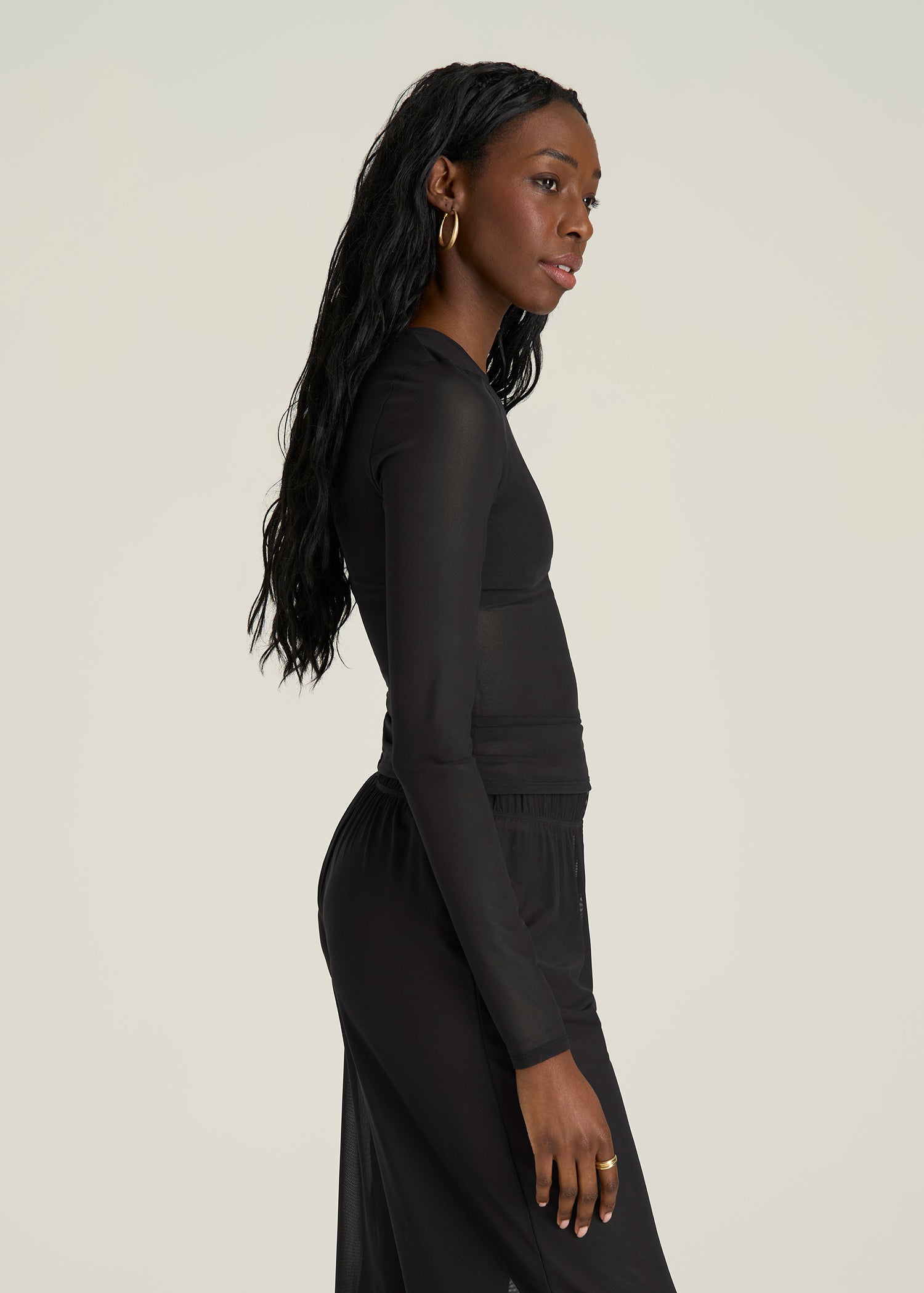 Power Mesh Fitted Long Sleeve Top for Tall Women in Deep Black