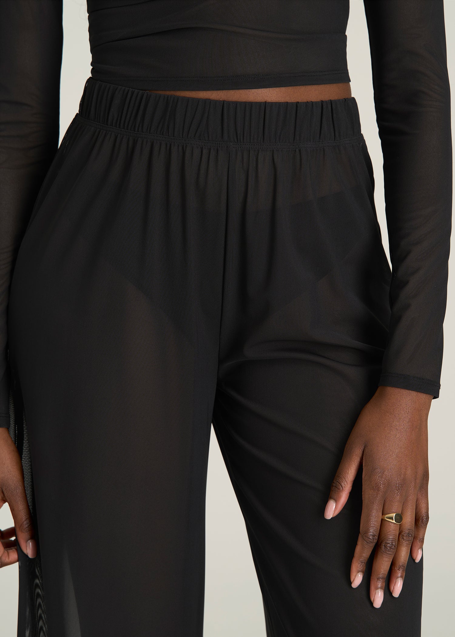 Power Mesh Wide-Leg Pants for Tall Women in Deep Black