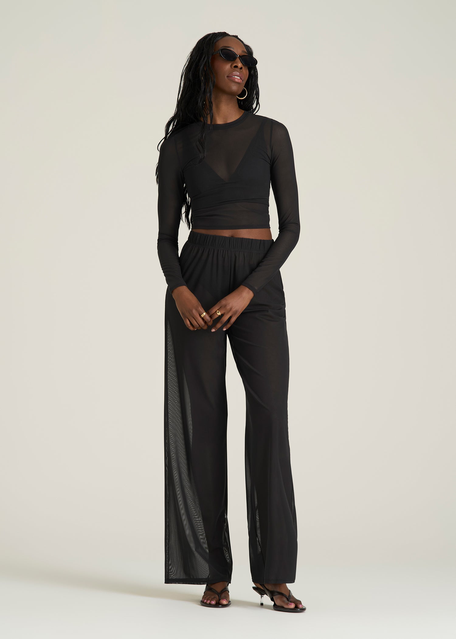 Power Mesh Wide-Leg Pants for Tall Women in Deep Black