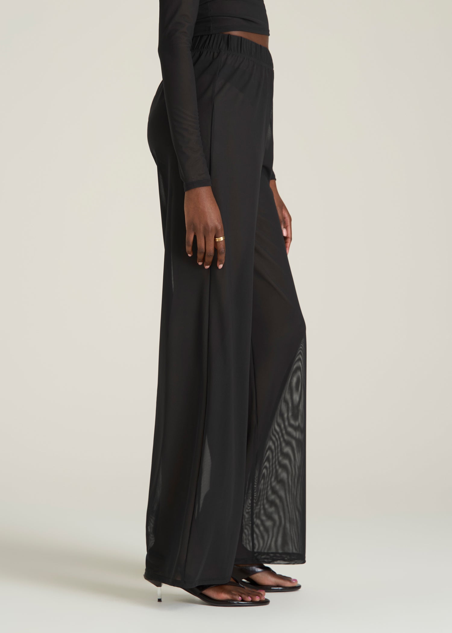 Power Mesh Wide-Leg Pants for Tall Women in Deep Black