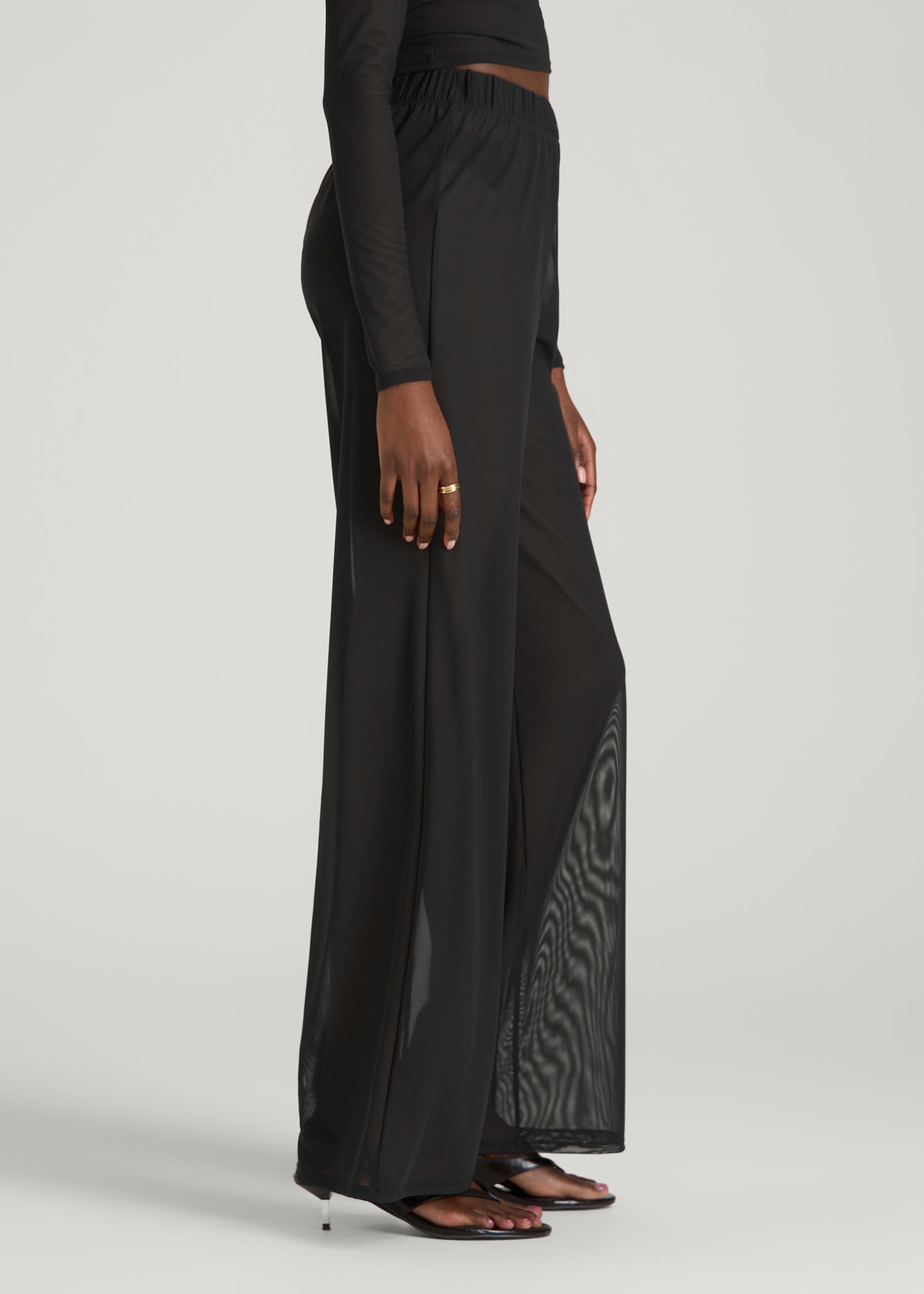 Power Mesh Wide-Leg Pants for Tall Women in Deep Black