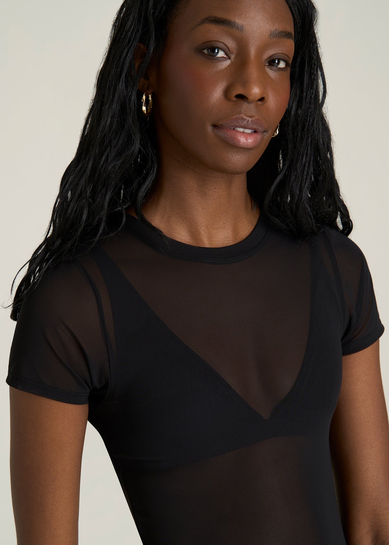 Power Mesh Fitted Short Sleeve Mini Dress for Tall Women in Deep Black