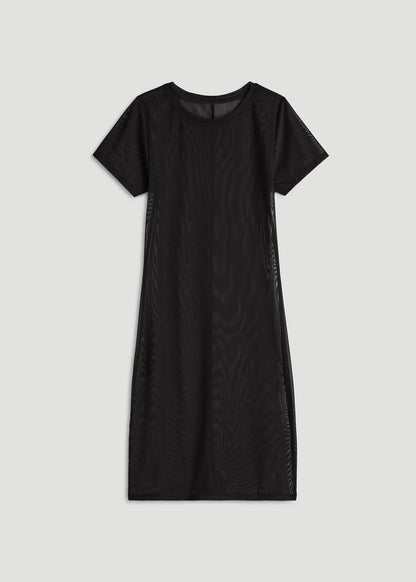 Power Mesh Fitted Short Sleeve Mini Dress for Tall Women in Deep Black