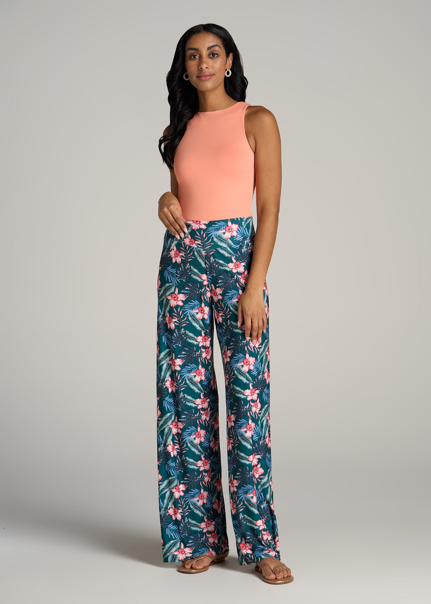 Pull On Breezy Wide Leg Pants for Tall Women in Green Tropical Floral Print