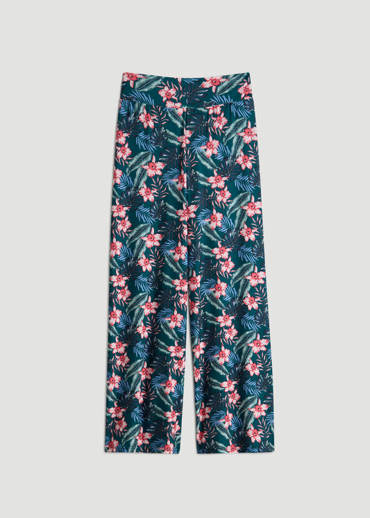 Pull On Breezy Wide Leg Pants for Tall Women in Green Tropical Floral Print