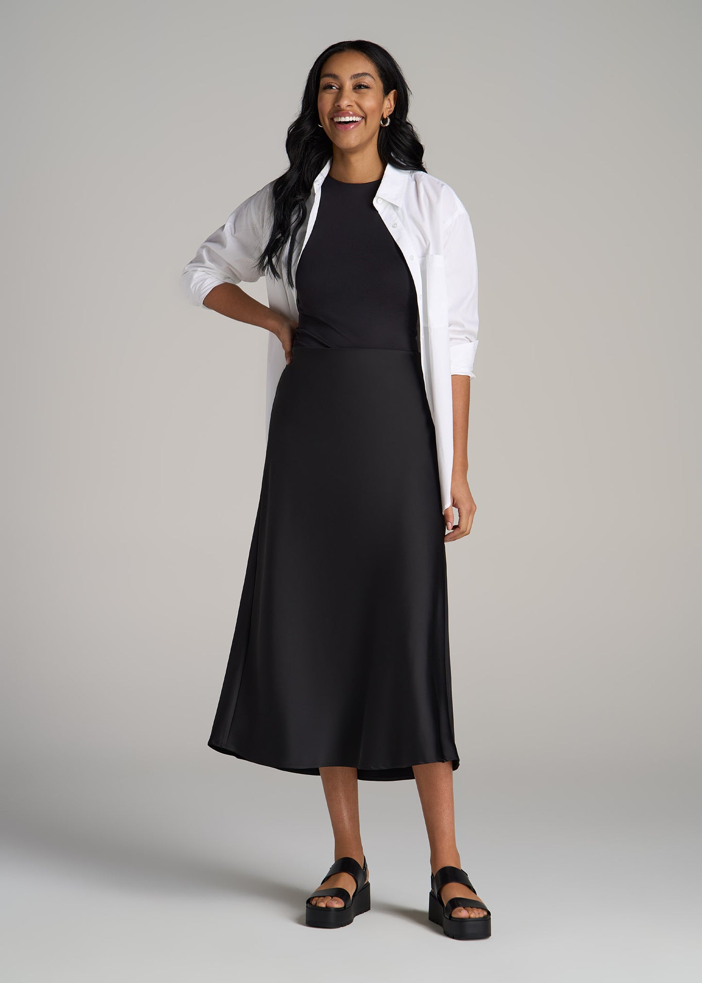 Pull-On Satin Midi Skirt for Tall Women in Black