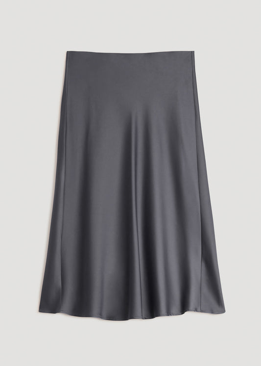 Pull-On Satin Midi Skirt for Tall Women in Charcoal