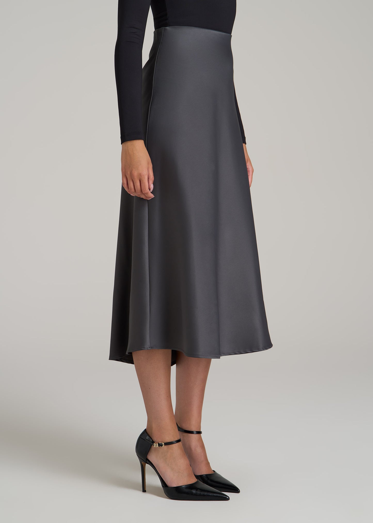 Pull-On Satin Midi Skirt for Tall Women in Charcoal