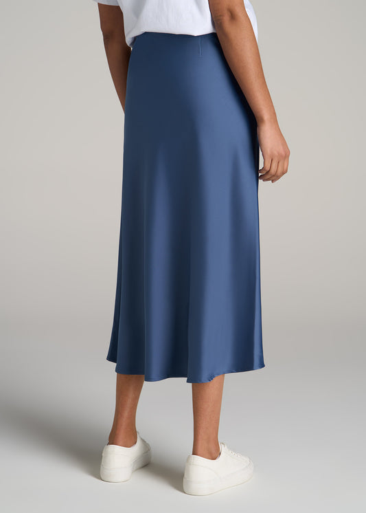 Pull-On Satin Midi Skirt for Tall Women in Steel Blue