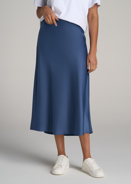 Pull-On Satin Midi Skirt for Tall Women in Steel Blue