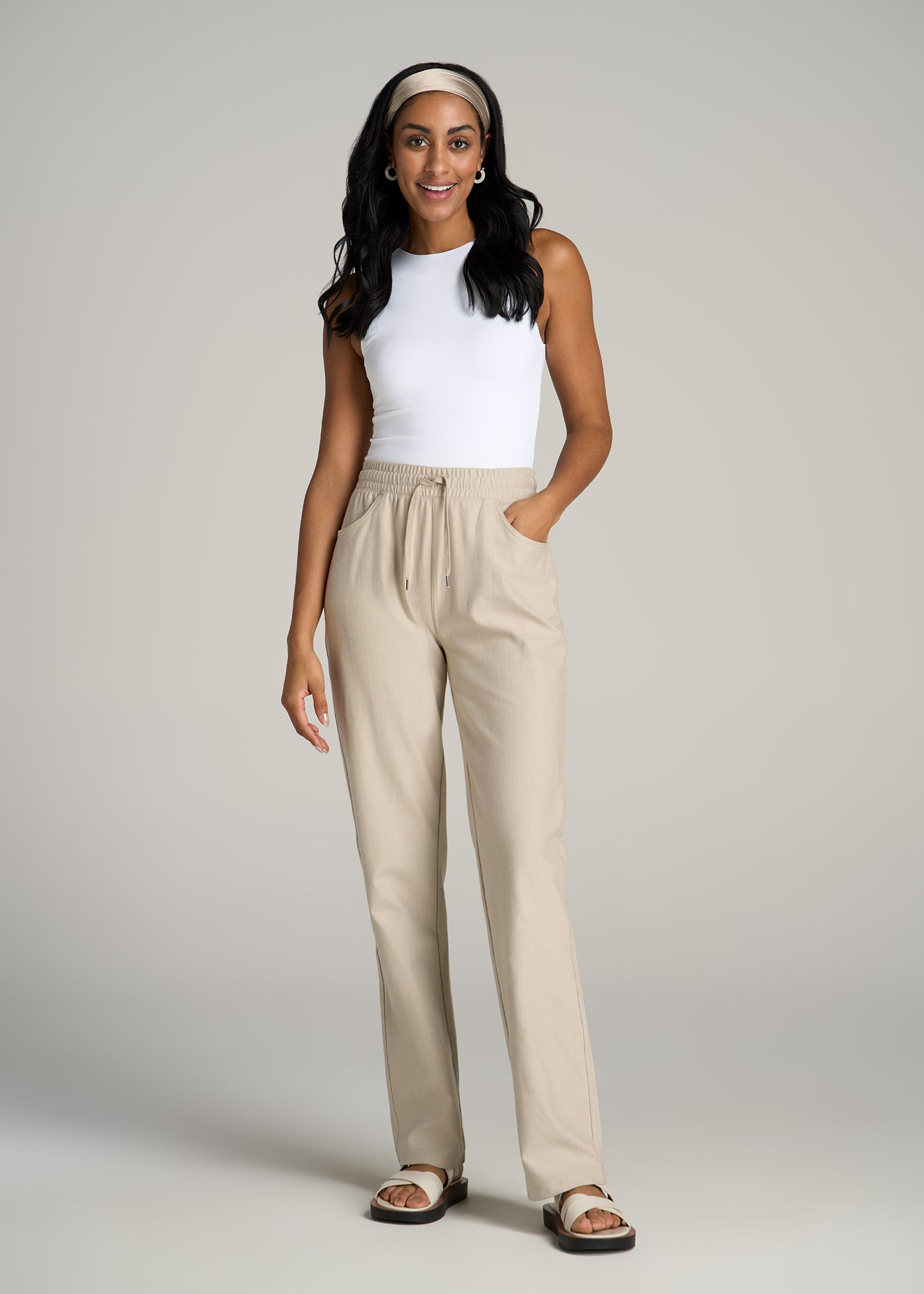 Pull-On Straight Leg Knit Pants for Tall Women in Stone