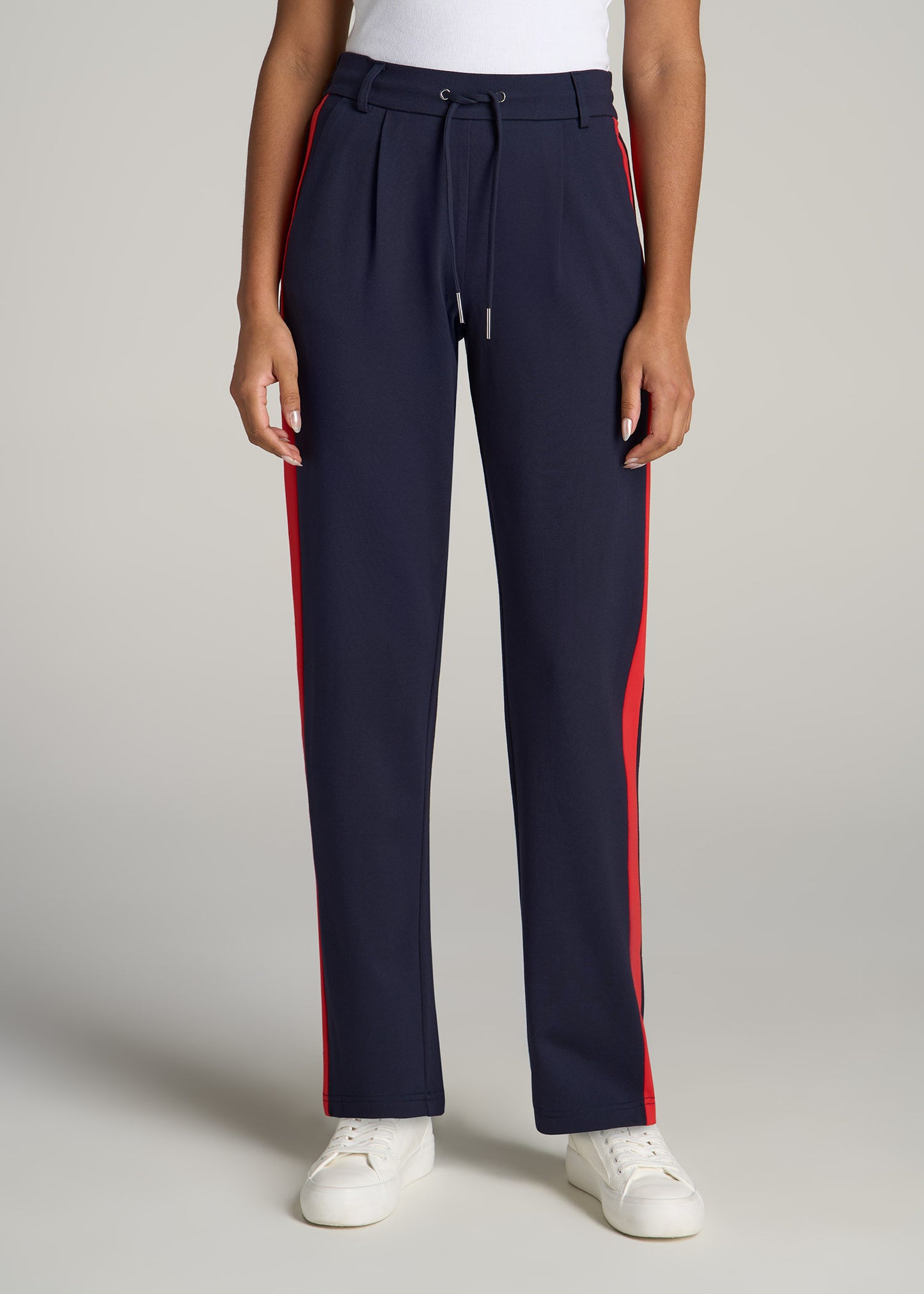 Pull On Tuxedo Stripe Pants for Tall Women in True Navy and Radiant Red