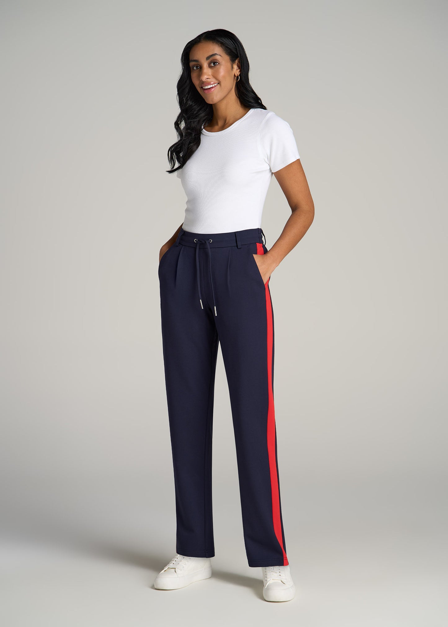 Pull On Tuxedo Stripe Pants for Tall Women in True Navy and Radiant Red