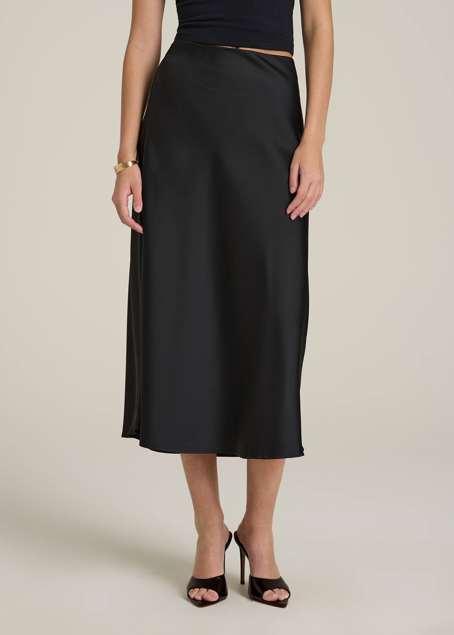 Pull-On Satin Midi Skirt for Tall Women in Black