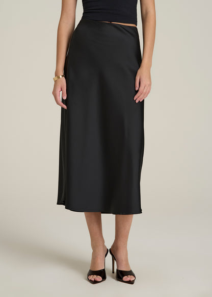 Pull-On Satin Midi Skirt for Tall Women in Black