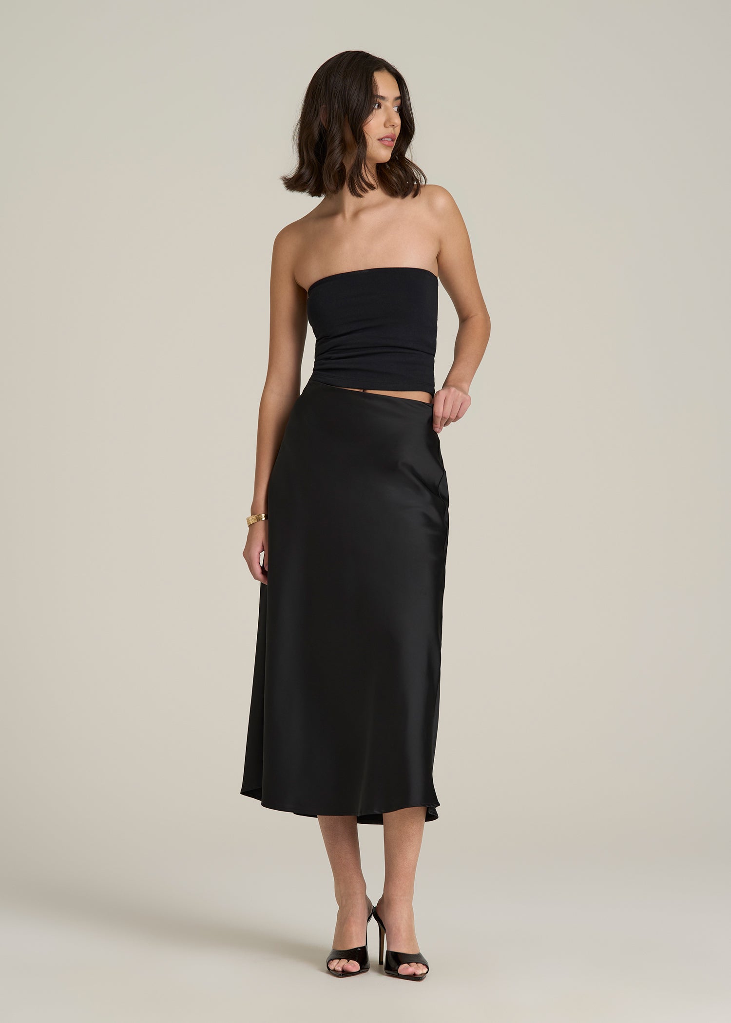 Pull-On Satin Midi Skirt for Tall Women in Black