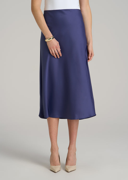 Pull On Satin Midi Skirt for Tall Women in Future Dusk