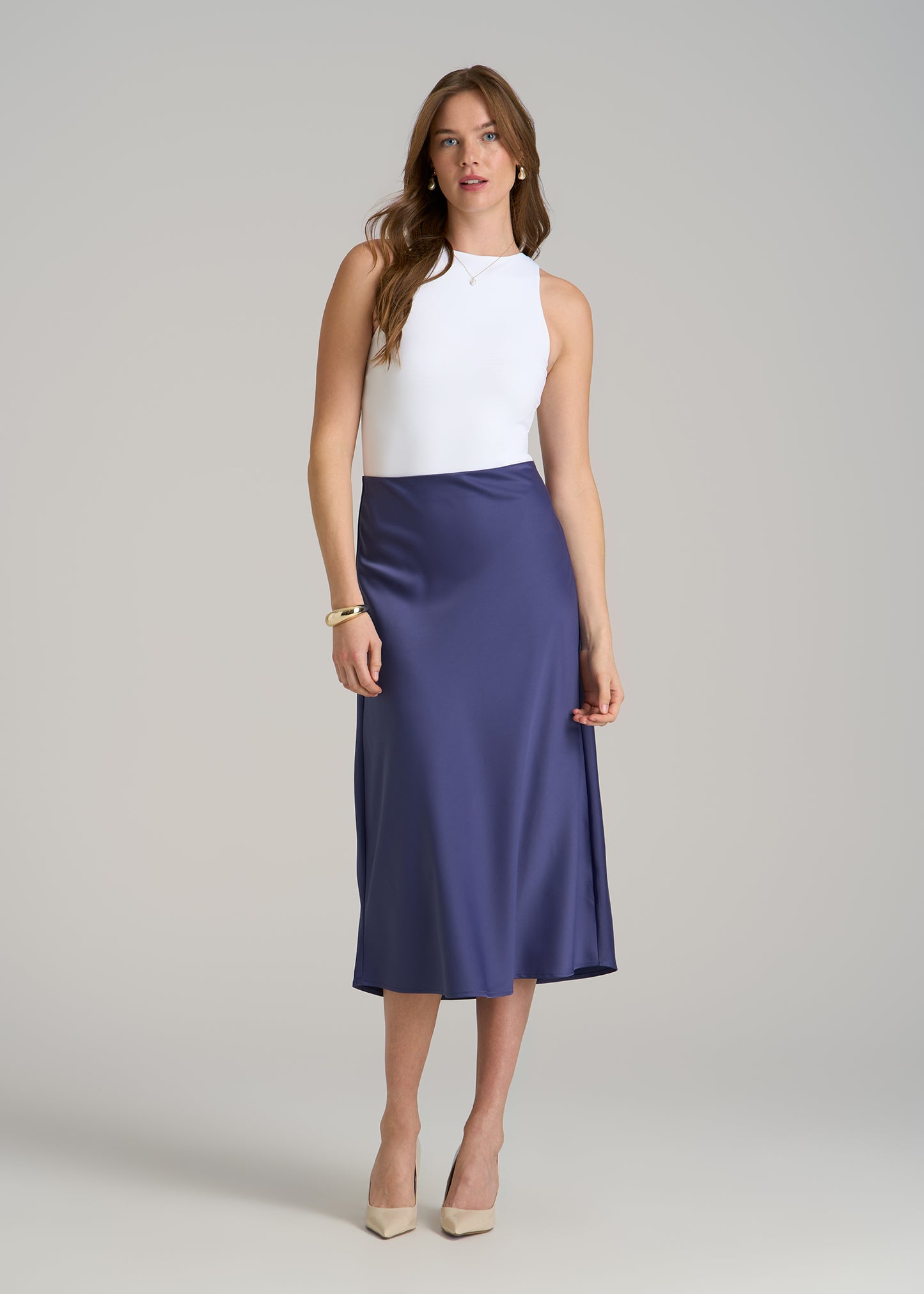 Pull On Satin Midi Skirt for Tall Women in Future Dusk