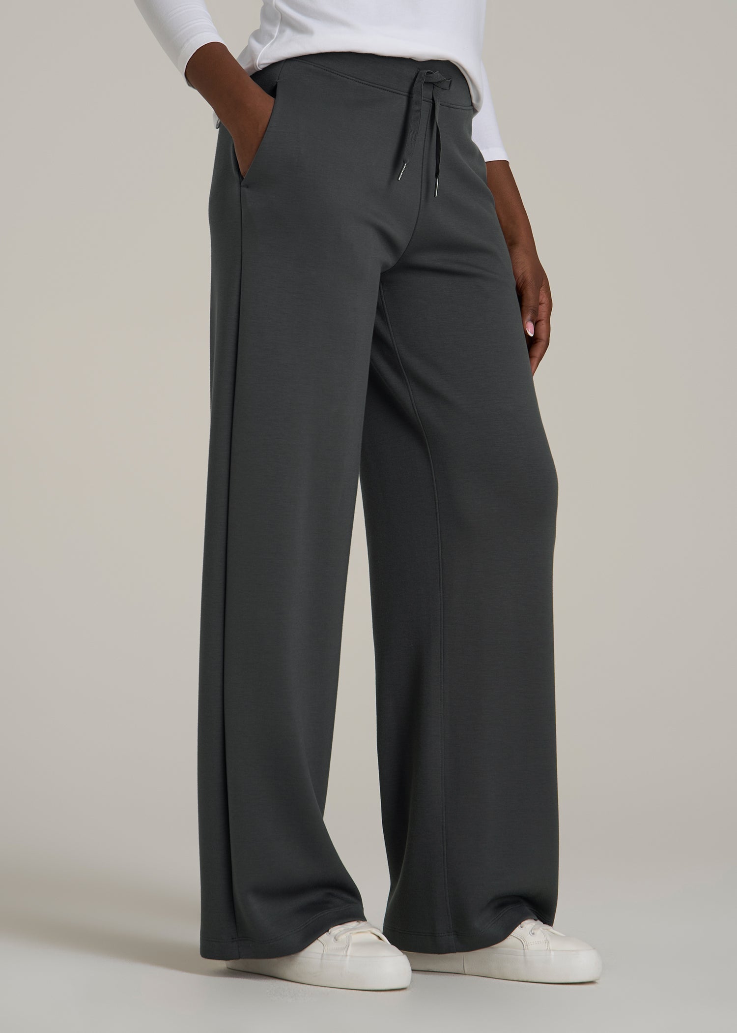 Pull-On Tie Waist Wide Leg Pants for Tall Women in Iron Grey