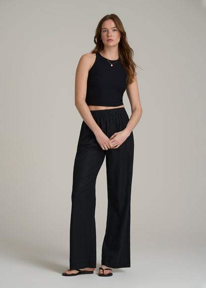 Pull On Wide Leg Linen Pants for Tall Women in Black