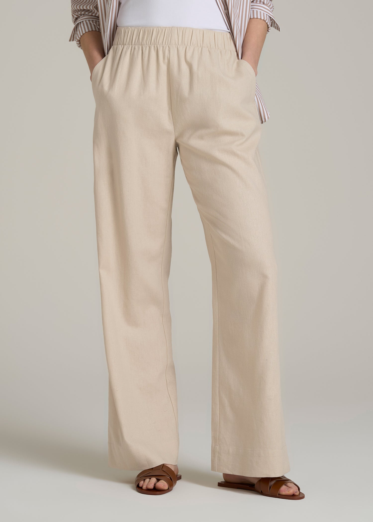 Pull On Wide Leg Linen Pants for Tall Women in Light Stone