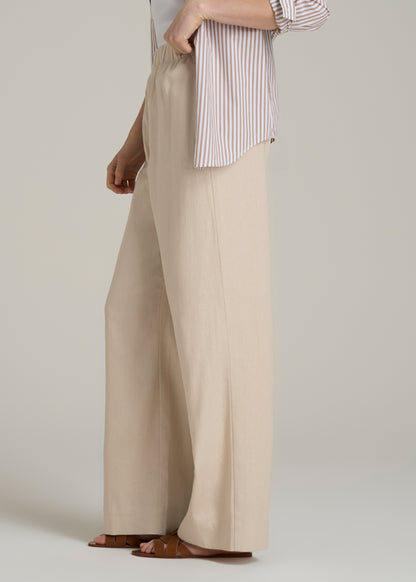 Pull On Wide Leg Linen Pants for Tall Women in Light Stone