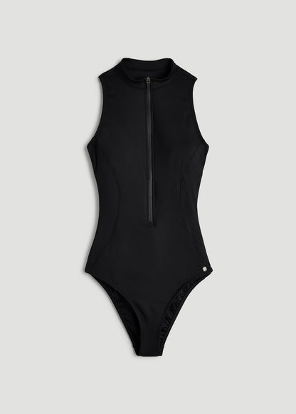 Quarter Zip Cinched One Piece Swimsuit for Tall Women in Deep Black