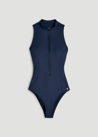 Quarter Zip Cinched One Piece Swimsuit for Tall Women in Navy Blue