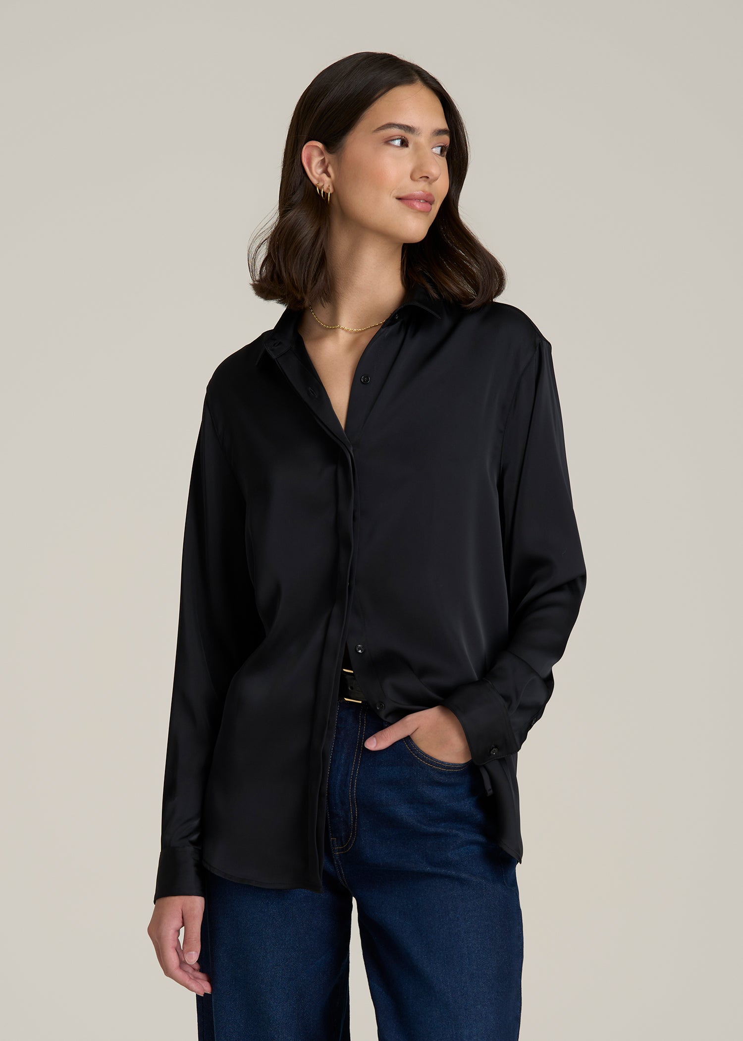 Relaxed Button-Up Blouse for Tall Women in Black