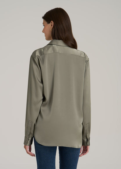 Relaxed Button-Up Blouse for Tall Women in Camper Green