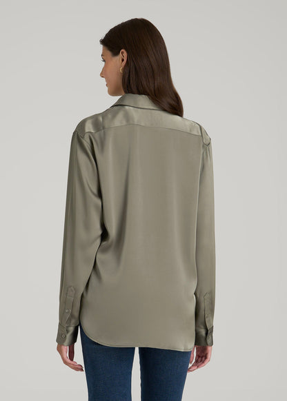 Relaxed Button-Up Blouse for Tall Women in Camper Green