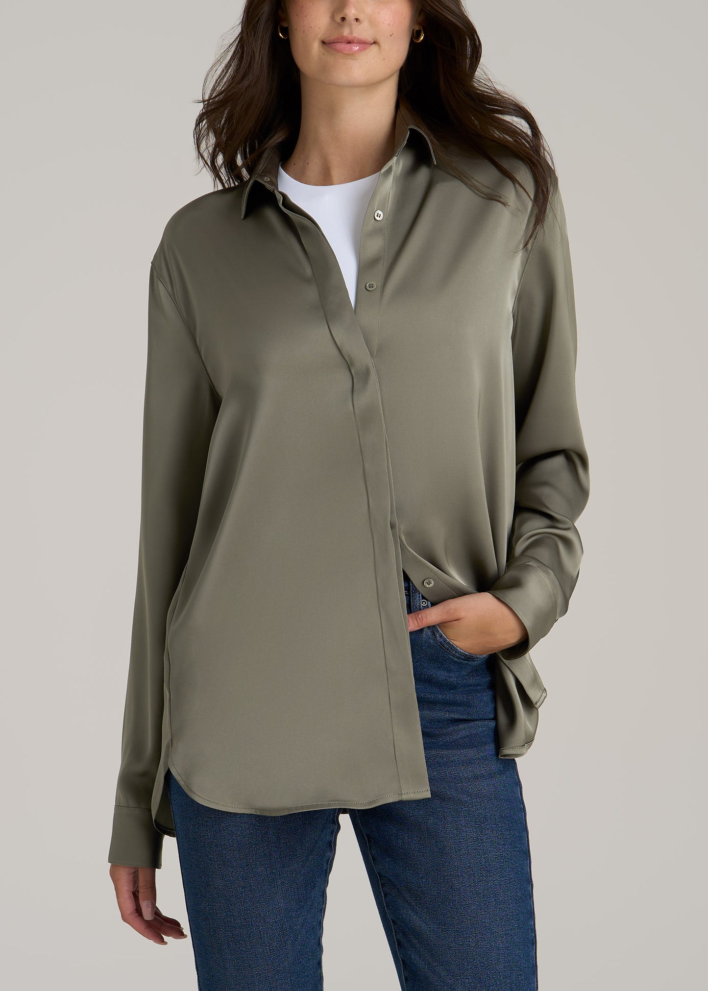 Relaxed Button Up Tall Women's Blouse in Camper Green