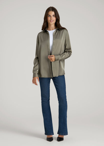 Relaxed Button-Up Blouse for Tall Women in Camper Green